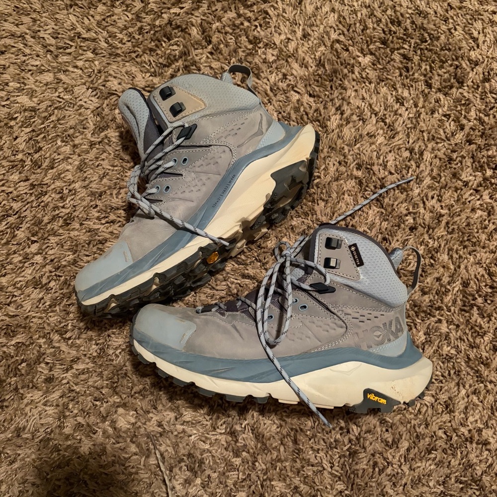 Hoka Light Gray and Blue Trail Mid-Top Hiking Shoes womens size 8B